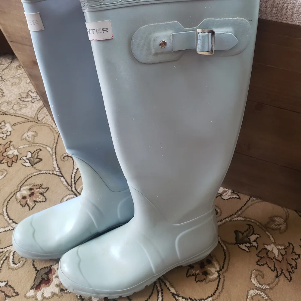 Hunter Original Gloss Tall Boots light blue well used worn with FLAWS SEE PHOTOS